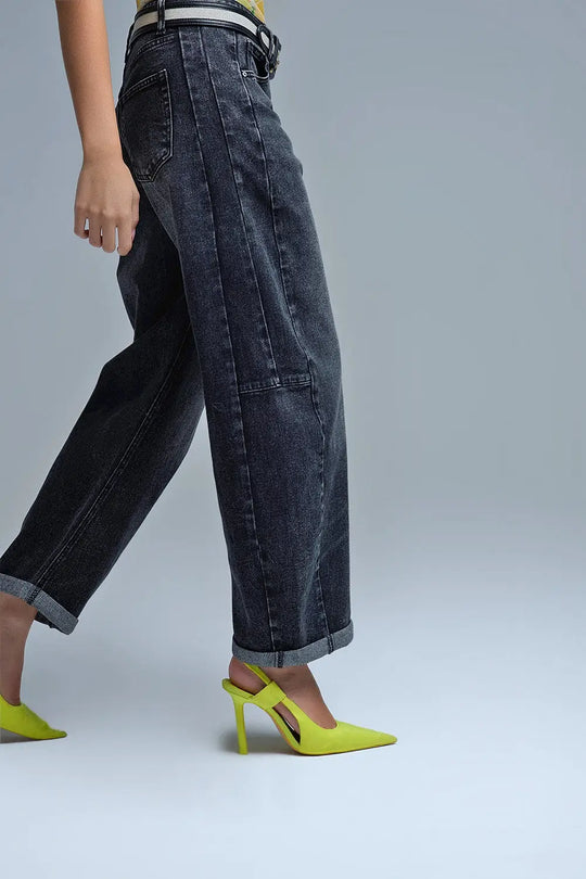 Washed Black Barrel Jeans With Seam Detail - Jeans