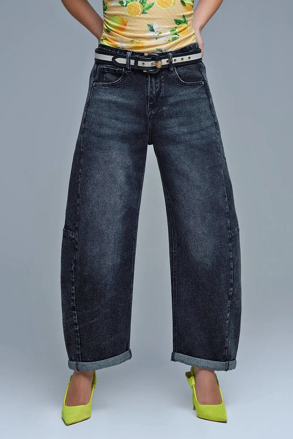 Washed Black Barrel Jeans With Seam Detail - Jeans
