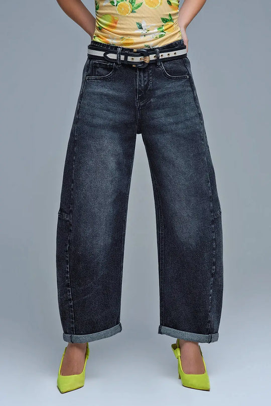 Washed Black Barrel Jeans With Seam Detail - Jeans