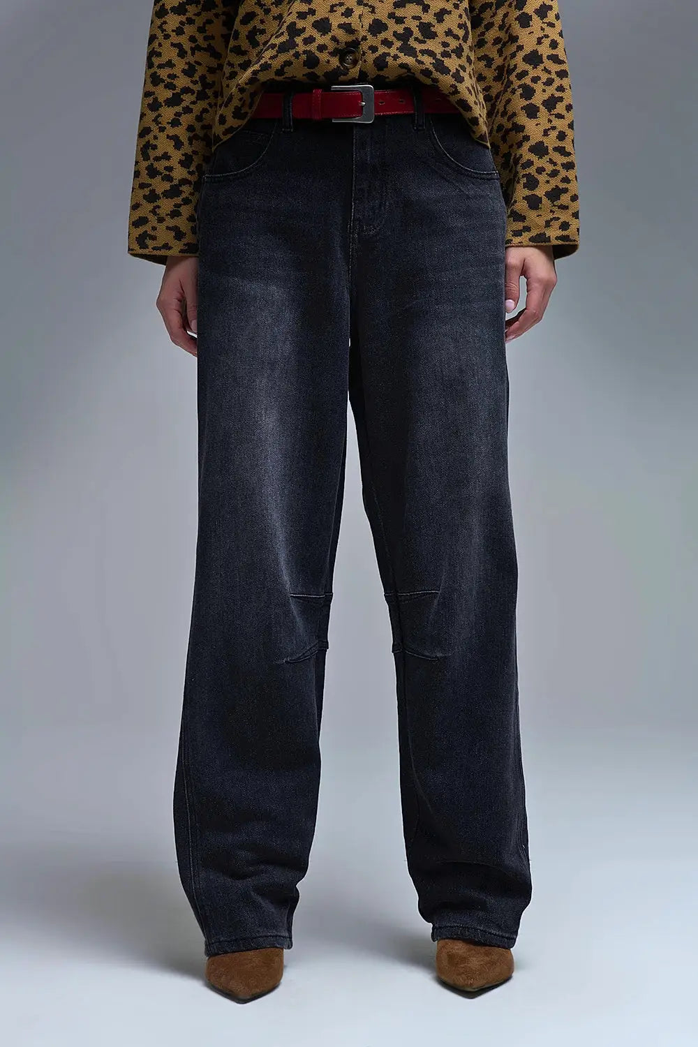 Q2 Washed Black Denim Barrel Jeans