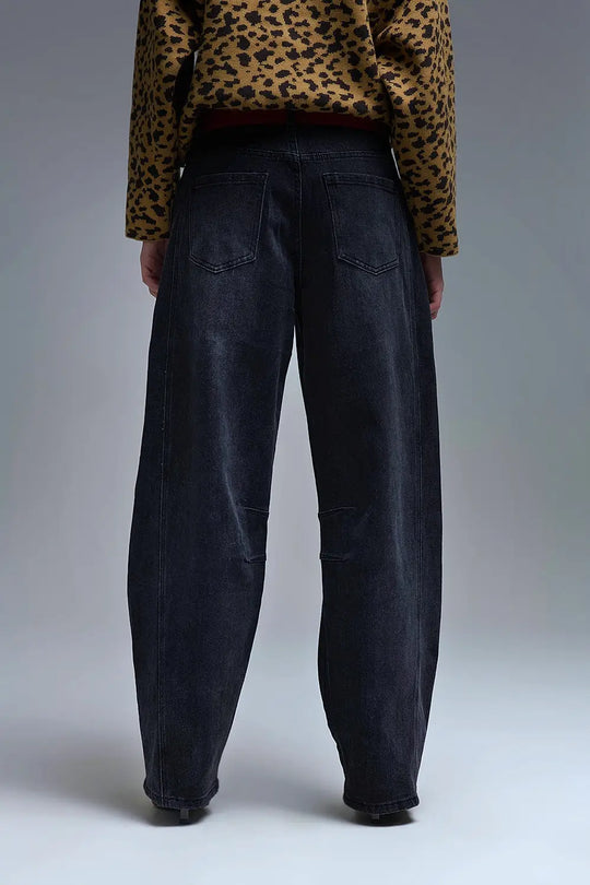 Washed Black Denim Barrel Jeans - Jeans