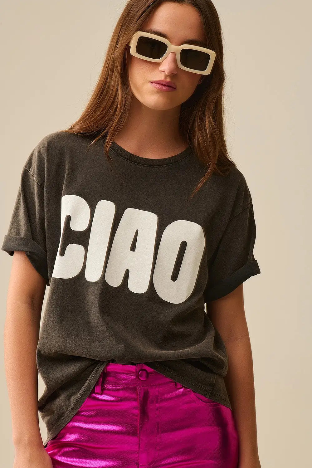 Washed Black Relaxed CIAO T-Shirt With White Letters - One Size / Black - Tops