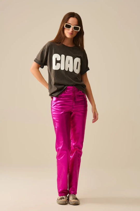 Washed Black Relaxed CIAO T-Shirt With White Letters - One Size / Black - Tops