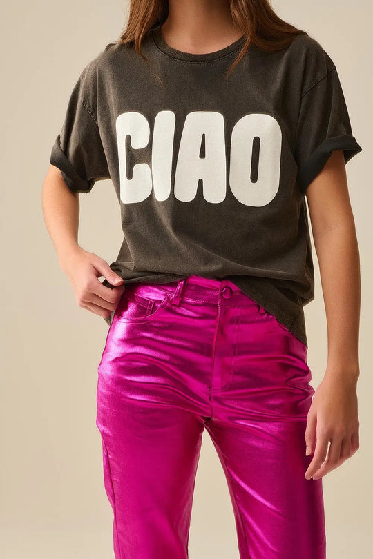 Washed Black Relaxed CIAO T-Shirt With White Letters - One Size / Black - Tops