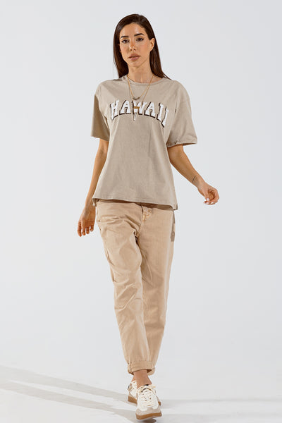 Washed Effect Hawaii T-Shirt In Beige