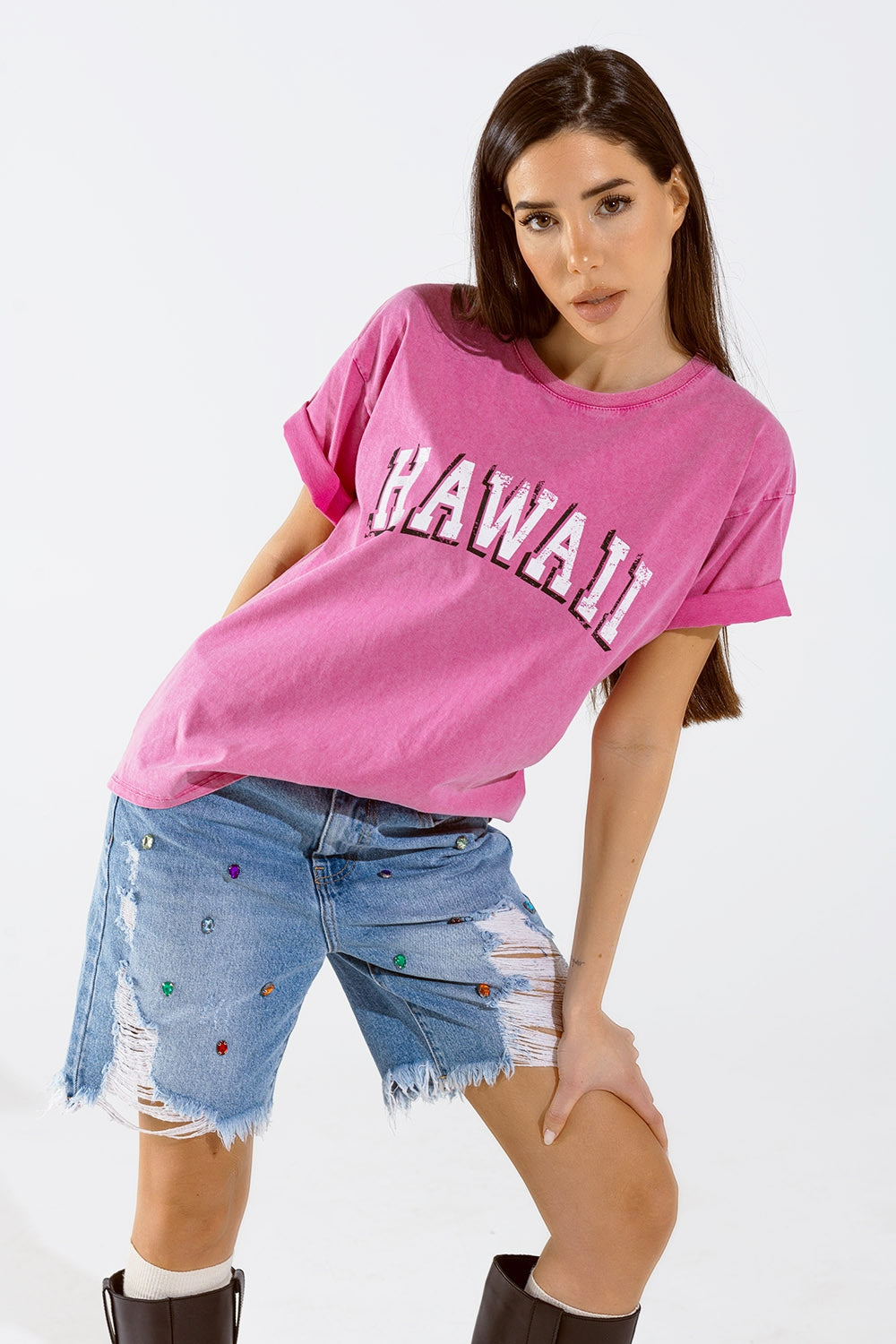 Washed Effect Hawaii T-Shirt In Fuchsia