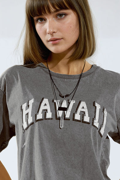 Washed Effect Hawaii T-Shirt In Grey