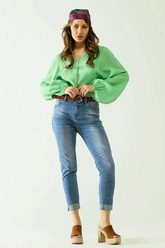 Washed effect push-up jeans with five pockets and hem - Jeans