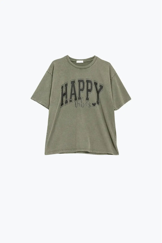 Q2 Washed Khaki Green Happy Vibes Graphic Relaxed T-Shirt