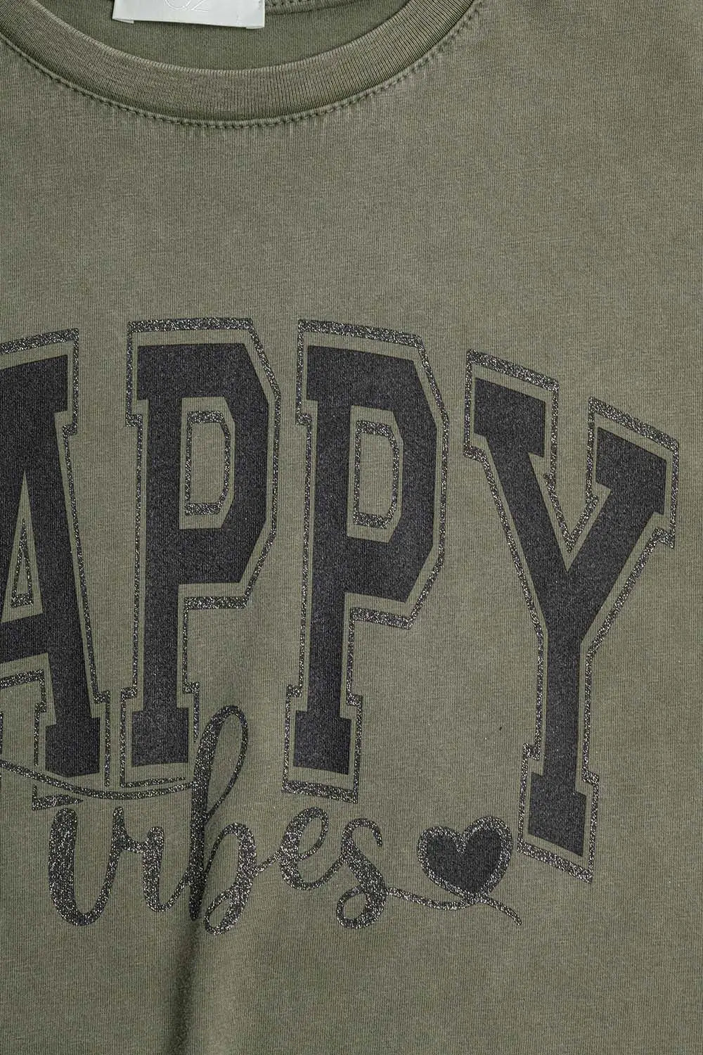 Washed Khaki Green Happy Vibes Graphic Relaxed T-Shirt - One Size / Green - Tops