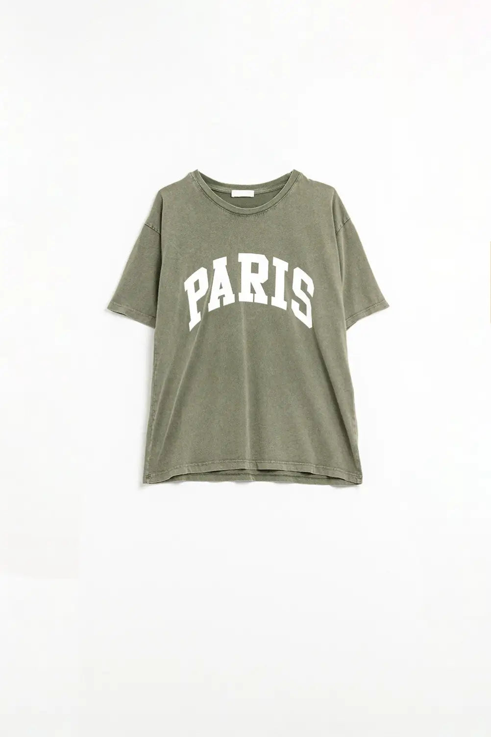 Q2 Washed Khaki Green Paris Relaxed T-shirt with White Letters