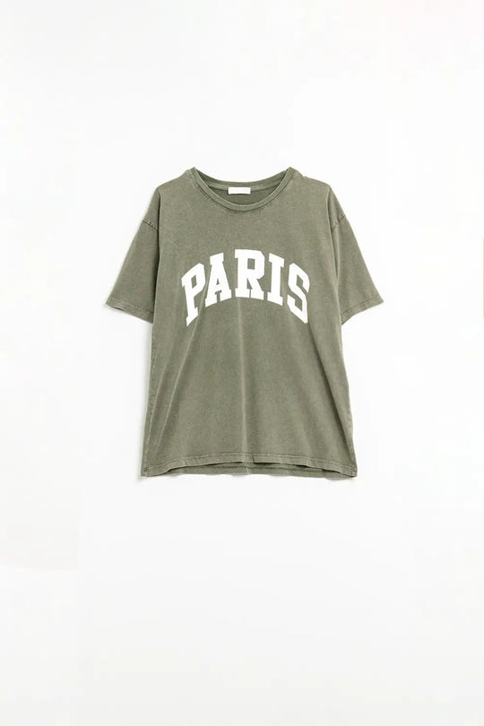 Q2 Washed Khaki Green Paris Relaxed T-shirt with White Letters