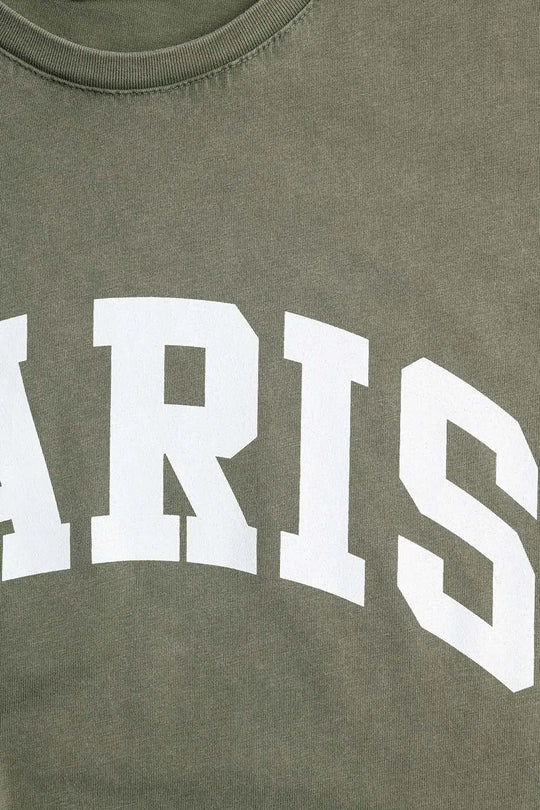 Washed Khaki Green Paris Relaxed T-shirt with White Letters - One Size / Green - Tops