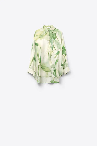 Watercolor Print Button-Down Blouse in Green - Shirts