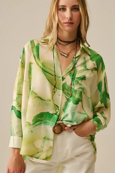 Watercolor Print Button-Down Blouse in Green - Shirts