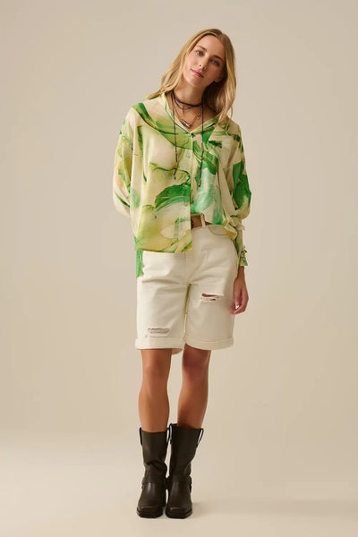 Watercolor Print Button-Down Blouse in Green - Shirts