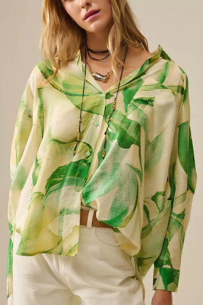 Watercolor Print Button-Down Blouse in Green - Shirts