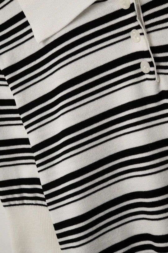 White and Black Striped Sweater With Polo Neck - One Size / White - Sweaters