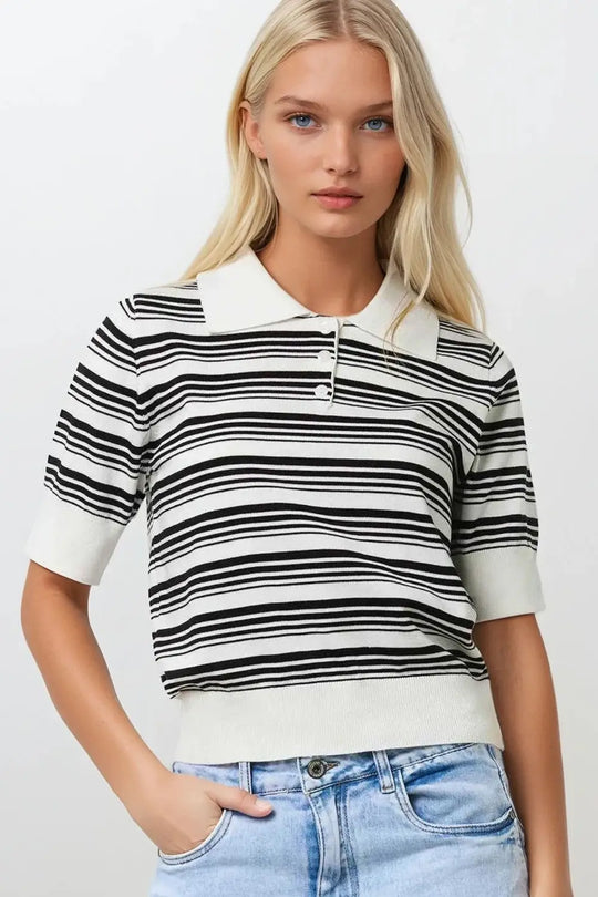 White and Black Striped Sweater With Polo Neck - One Size / White - Sweaters