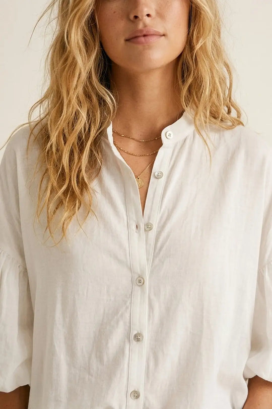 White Button-Front Puff Sleeve Blouse with High-Low Hem - One Size / White - Shirts