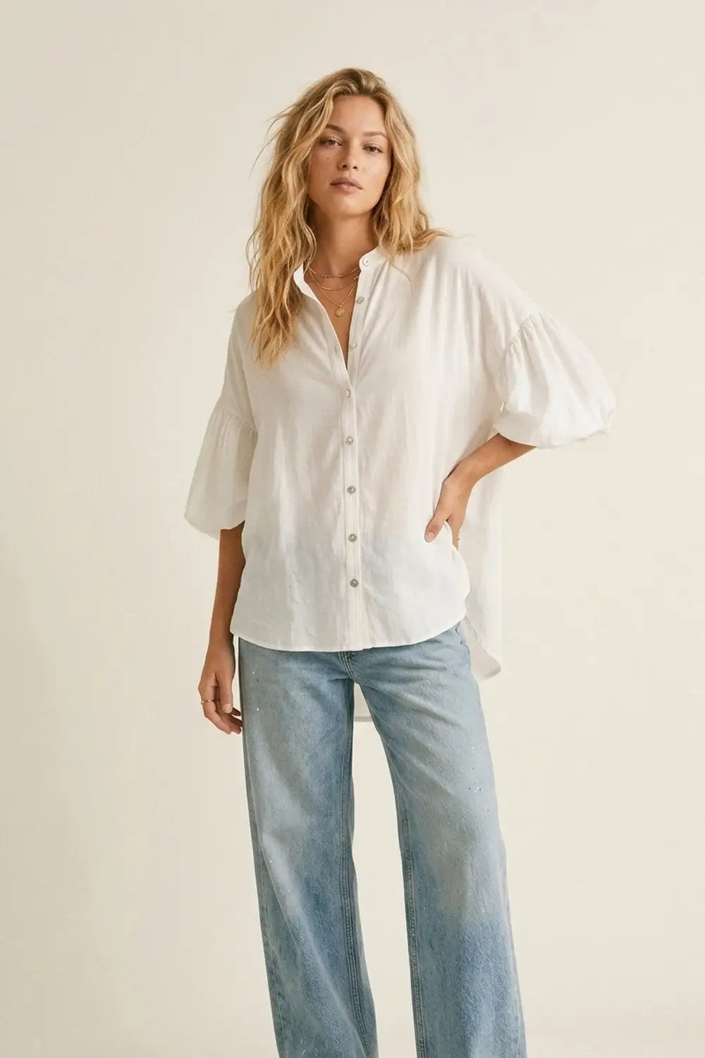 White Button-Front Puff Sleeve Blouse with High-Low Hem - One Size / White - Shirts