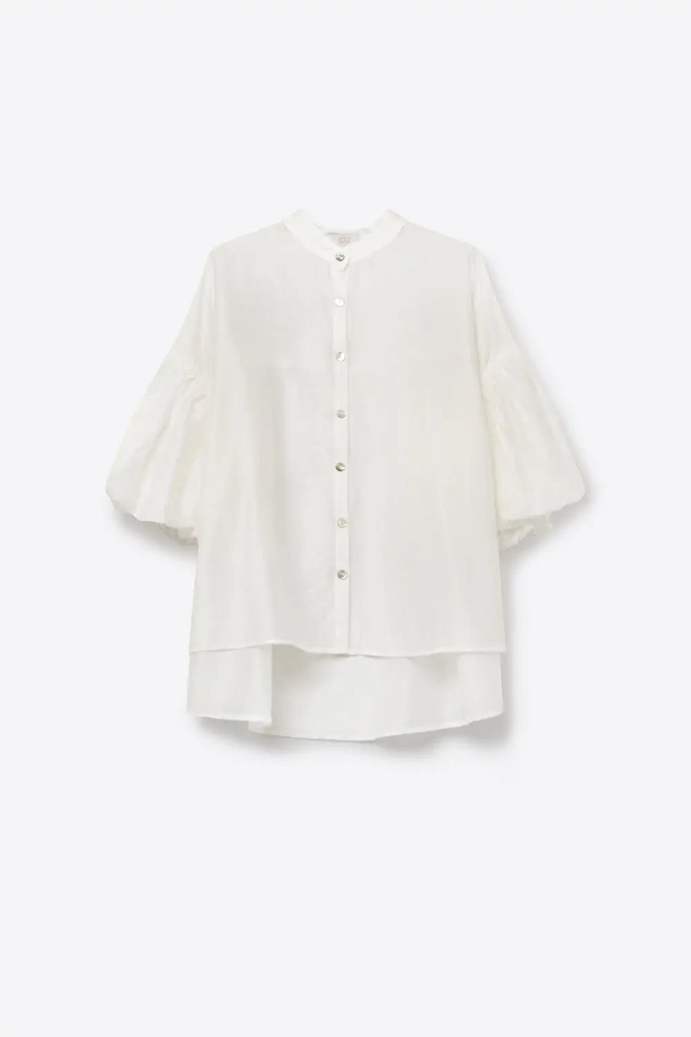 White Button-Front Puff Sleeve Blouse with High-Low Hem - One Size / White - Shirts