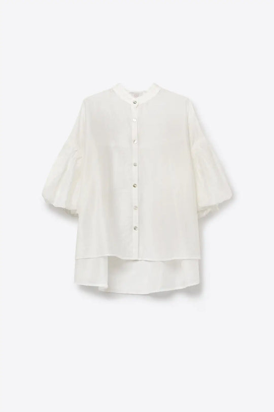 White Button-Front Puff Sleeve Blouse with High-Low Hem - One Size / White - Shirts