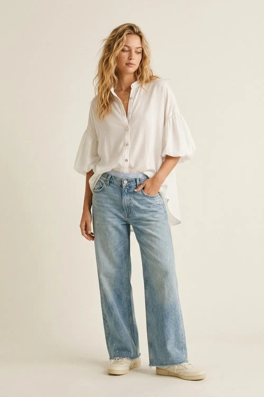 White Button-Front Puff Sleeve Blouse with High-Low Hem - One Size / White - Shirts