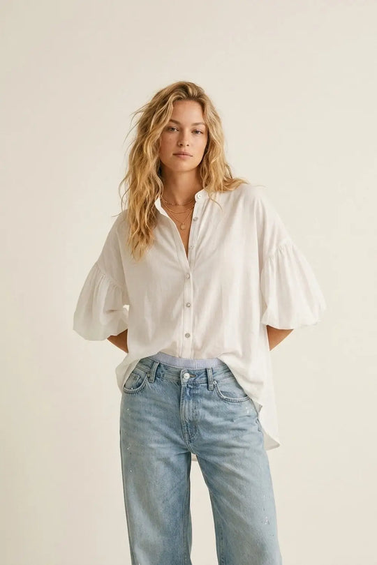 Q2 White Button-Front Puff Sleeve Blouse with High-Low Hem
