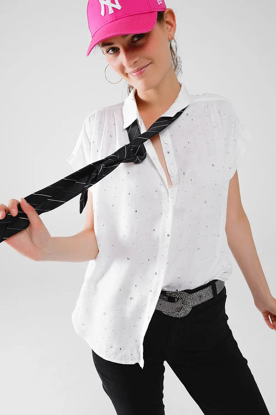 White Button Up Blouse With Strass All Over And Short Sleeves - Shirts