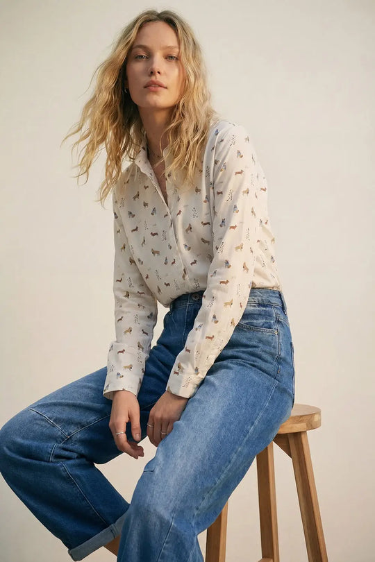 Q2 White Button-Up Shirt with Dog Print Pattern