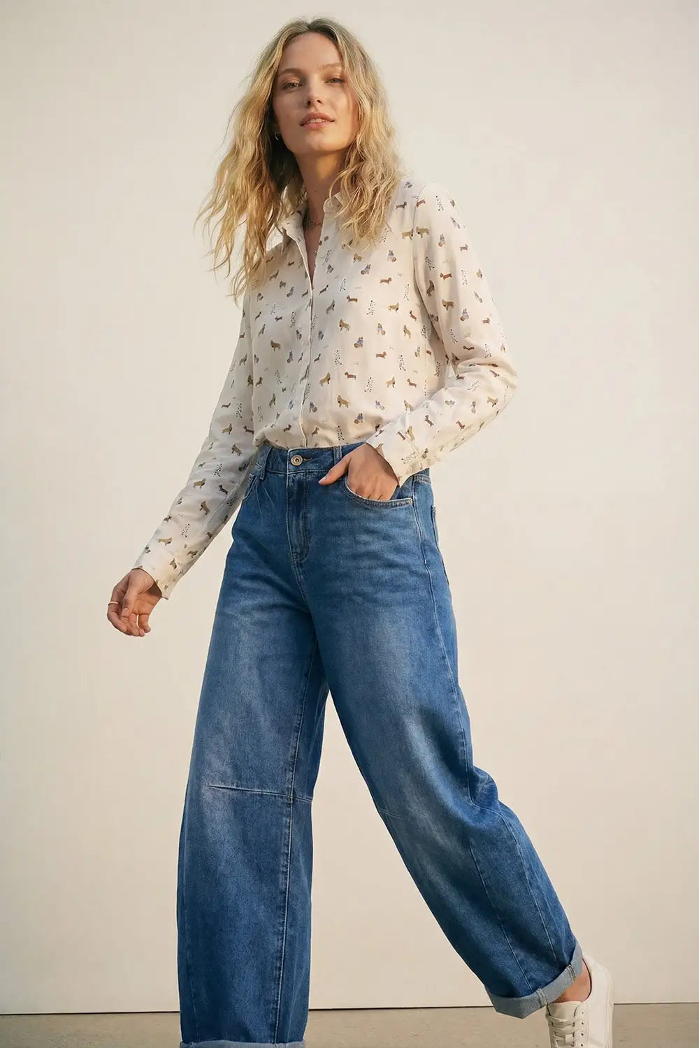 White Button-Up Shirt with Dog Print Pattern - Shirts