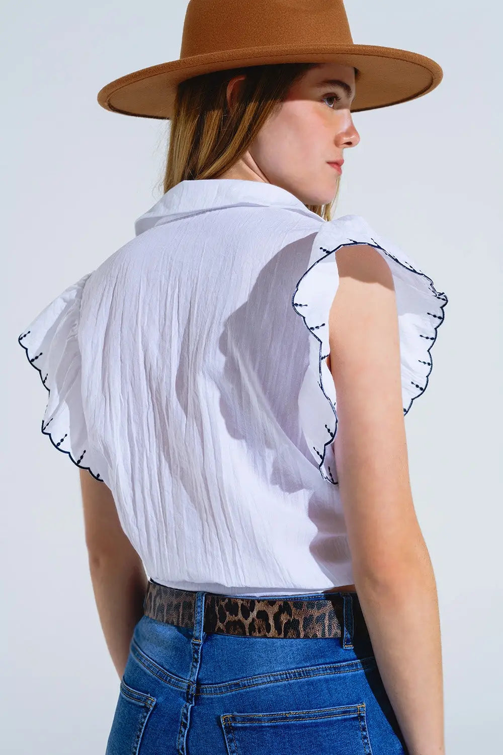 White Button Up Shirt With Polo Collar And Ruffled Sleeves With Black Trim - Shirts