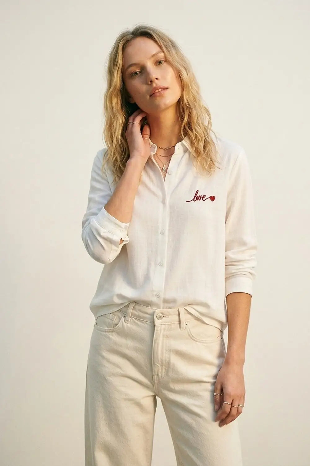 Q2 White Button-Up Shirt with Red Love Embroidery