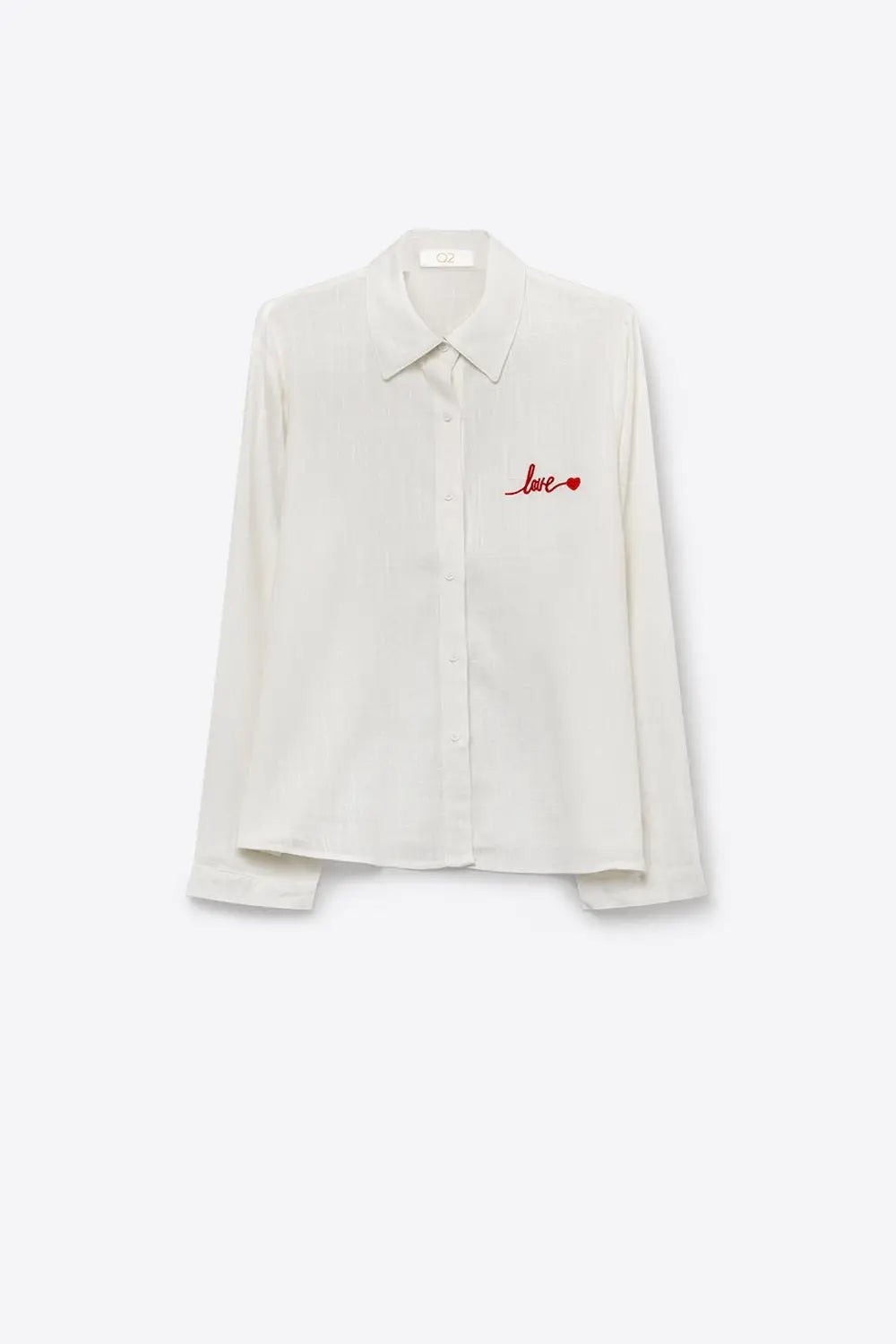 White Button-Up Shirt with Red Love Embroidery - Shirts