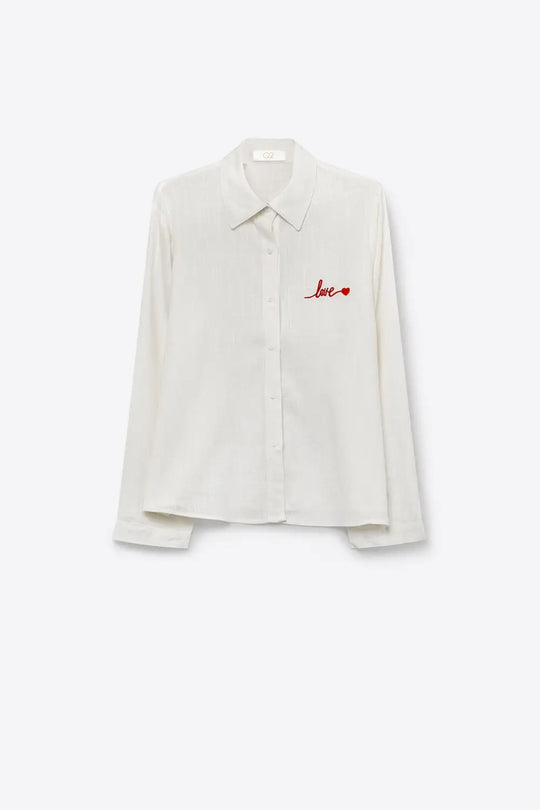 White Button-Up Shirt with Red Love Embroidery - Shirts