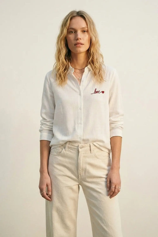 White Button-Up Shirt with Red Love Embroidery - Shirts