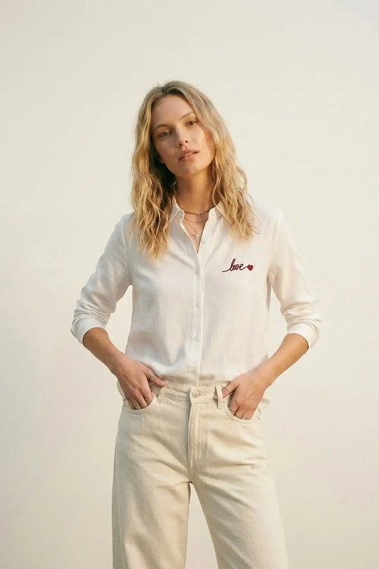 White Button-Up Shirt with Red Love Embroidery - Shirts