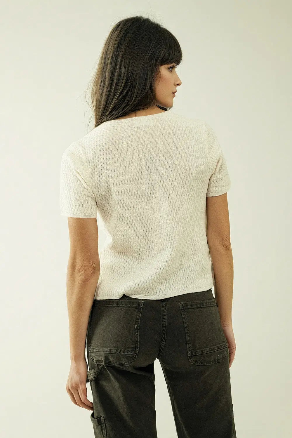 White cardigan with short sleeves and front closure with button - Sweaters