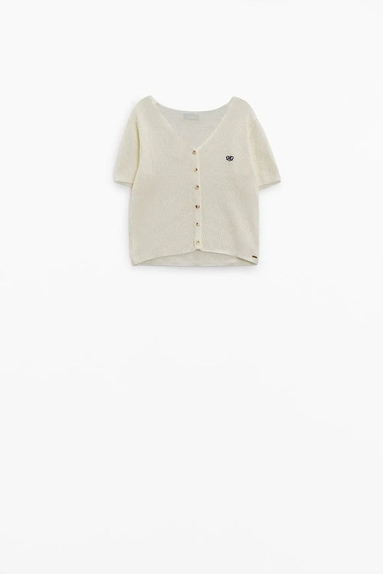 White cardigan with short sleeves and front closure with button - Sweaters