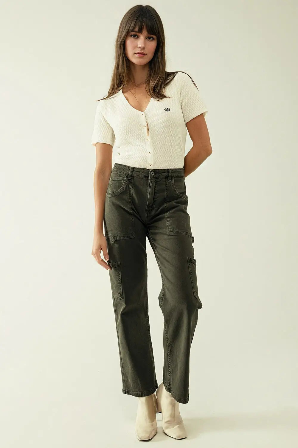 White cardigan with short sleeves and front closure with button - Sweaters