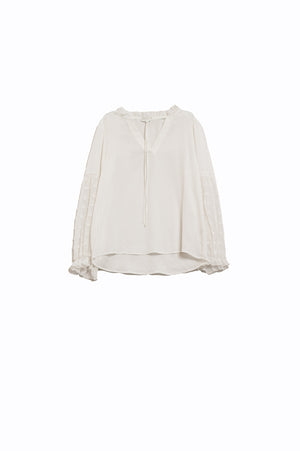 Q2 White chiffon Blouse with Dots on Long Sleeve with V-neck