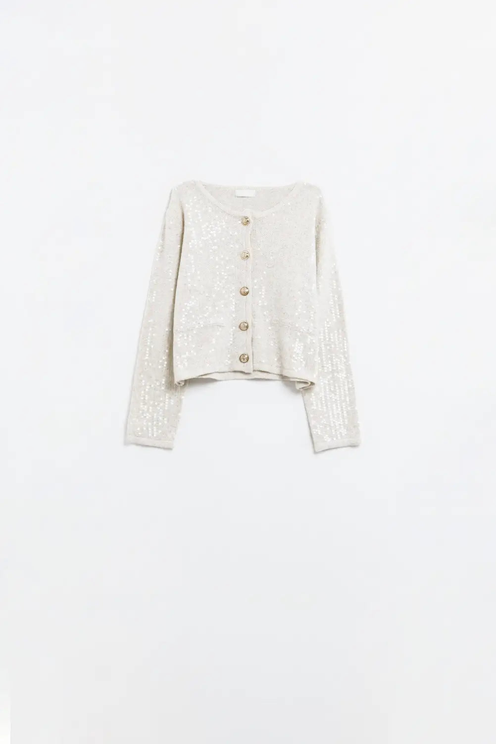 Q2 white chunky knitted cardigan with sequins