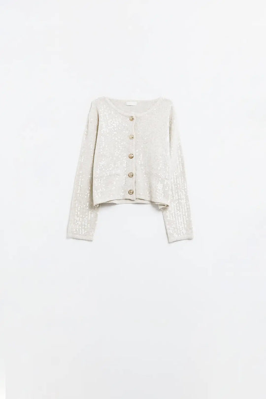 Q2 white chunky knitted cardigan with sequins