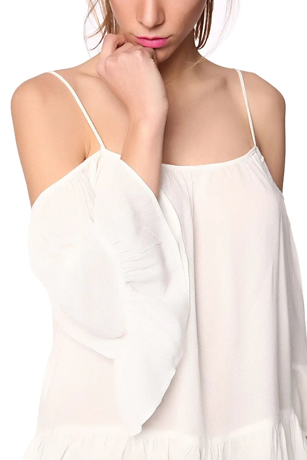 White cold shoulder top with frill trims - Shirts