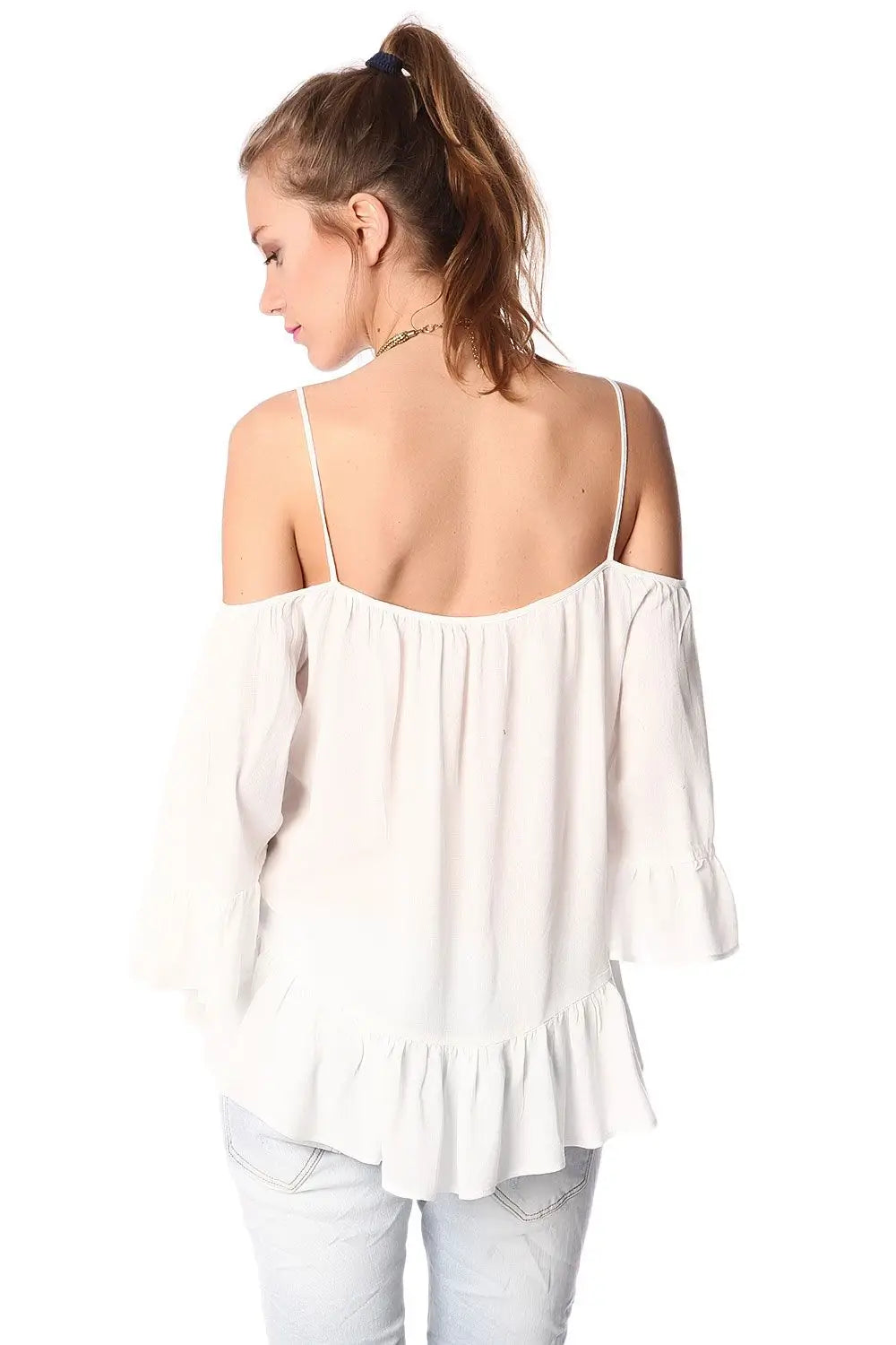 White cold shoulder top with frill trims - Shirts