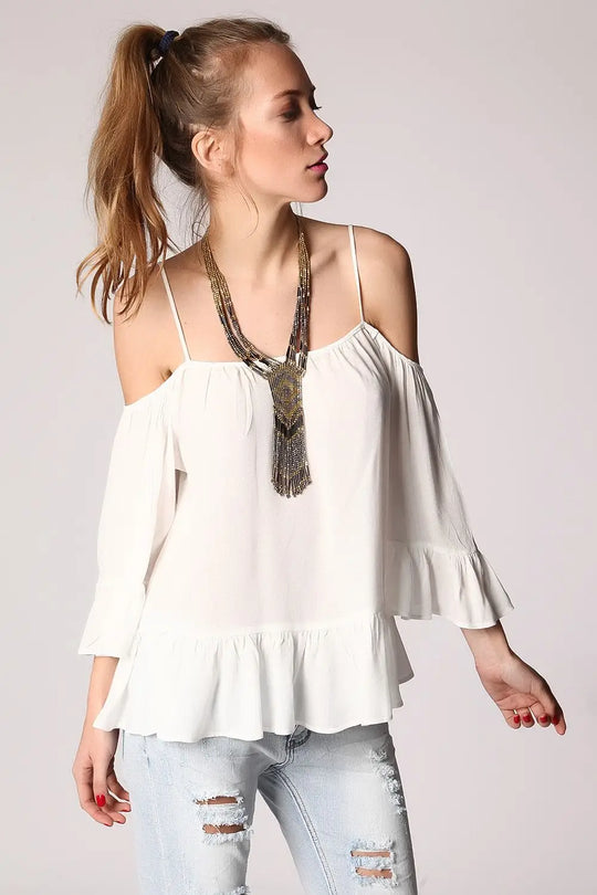 White cold shoulder top with frill trims - Shirts