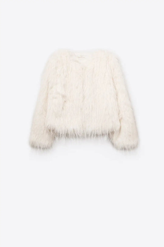 Q2 White Collarless Faux Fur Jacket