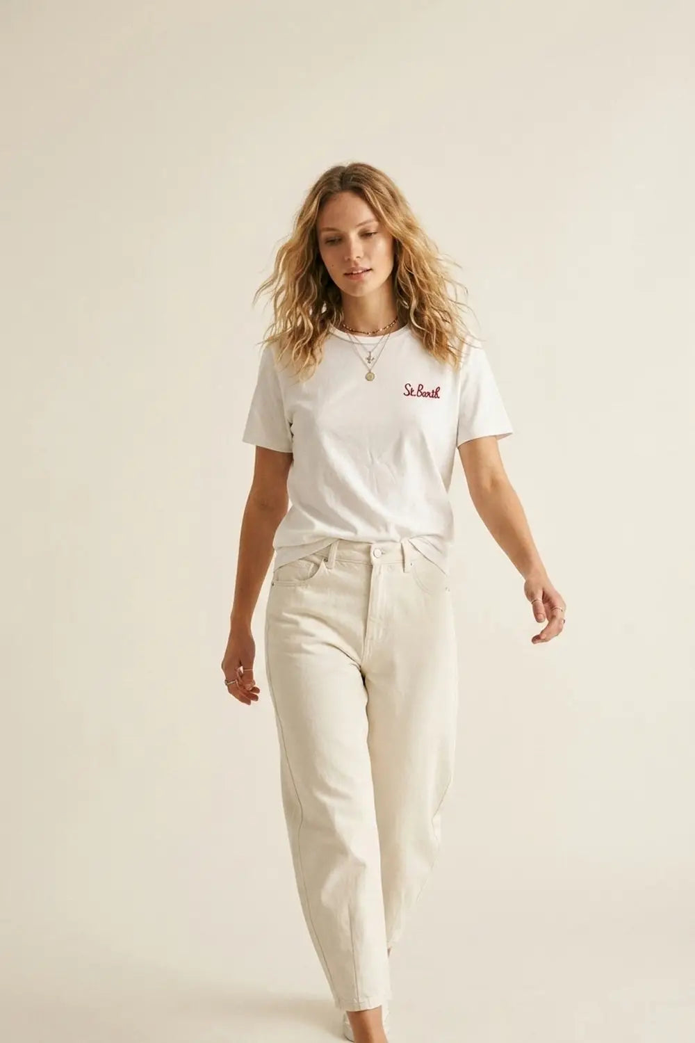 Q2 White Cotton Regular Fit Crew Neck T-Shirt with Embroidered St. Barth