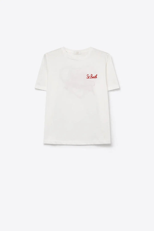 White Cotton Regular Fit Crew Neck T-Shirt with Embroidered St. Barth - One Size / White - Tops